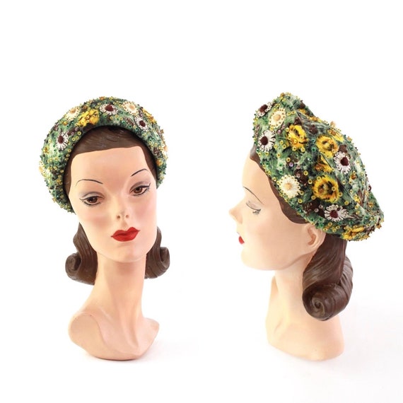 1950s Floral Pillbox Hat - 1950s Green Pillbox Hat