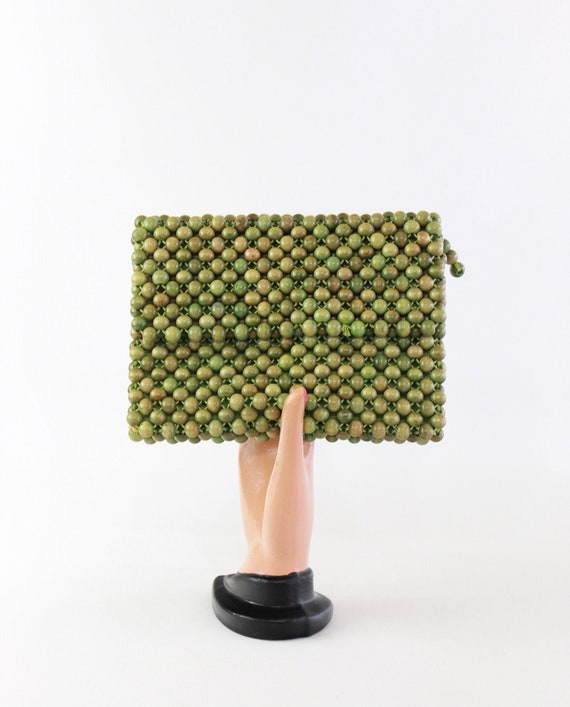 1950s Wood Bead Purse - 50s Green Bead Purse - 195
