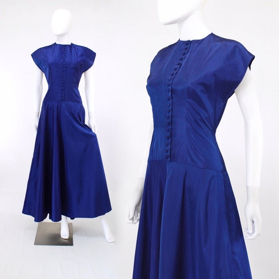 1940s Cobalt Blue Taffeta Gown - 1940s Blue Evenin