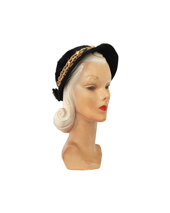 1950s Black Angora Cloche Hat with Gold Trim - 19… - image 3