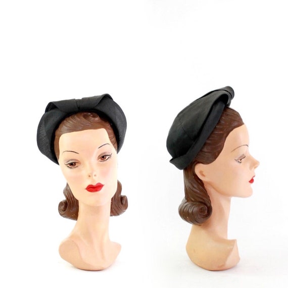 1930s Black Straw Shell Cap - 1930s Halo Hat - 193