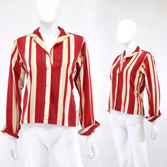 1950s Crimson Red Striped Blouse - 1950s Womens Bl