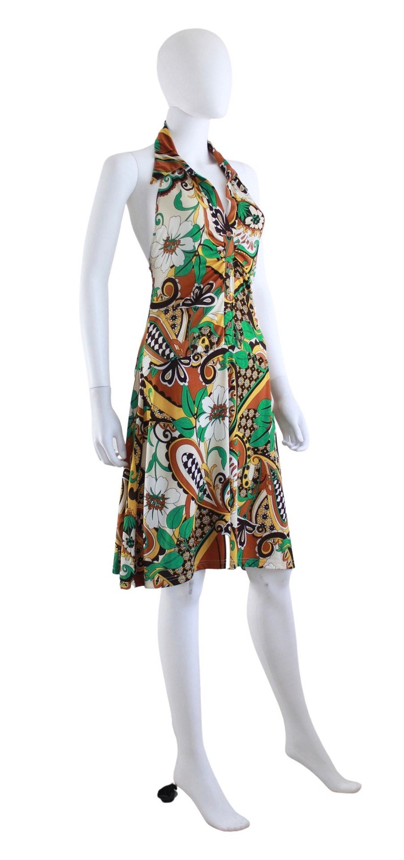 1970s Psychedelic Print Jersey Halter Dress 1970s Halter Dress 1970s Psychedelic Dress 70s Green Dress 70s Yellow Dress Size Small image 7