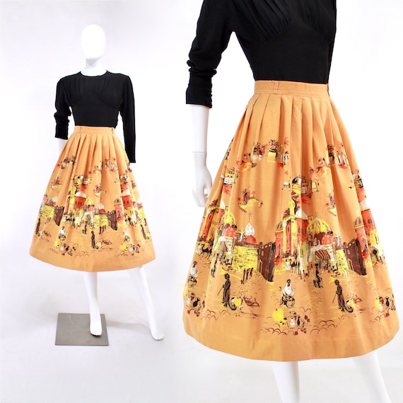 1950s Millworth Orange Casbah Novelty Print Skirt