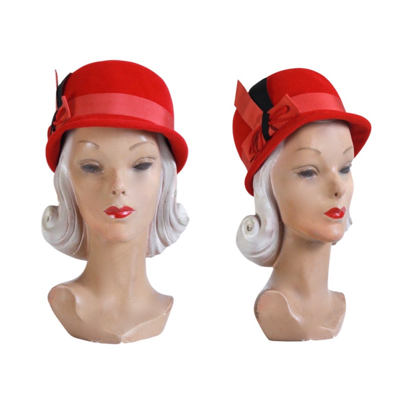 Vintage Red Velour Cloche Hat Vintage Red Cloche Hat 1960s Red Hat Womens Vintage Red Hat Mid Century Red Hat Vintage Cloche Hat image 1
