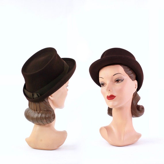 1940s Chocolate Brown Suiter Hat - 1940s Womens Br