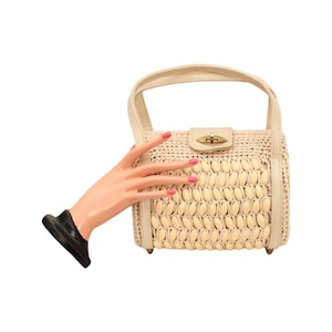 1950s / 1960s Beige Raffia & Wood Bead Handbag - Vintage Taupe Handbag - Vintage Beige Handbag - Vintage Beige Purse - Vintage Taupe Purse