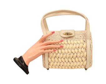 1950s / 1960s Beige Raffia & Wood Bead Handbag - Vintage Taupe Handbag - Vintage Beige Handbag - Vintage Beige Purse - Vintage Taupe Purse