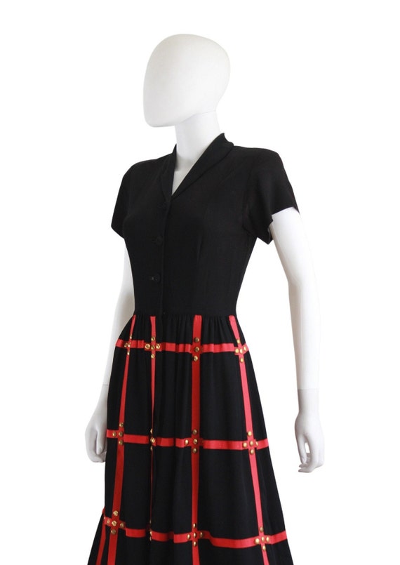 1940s Black & Red Day Dress with Gold Studs - 194… - image 7