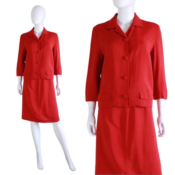 Early 1960s True Red Linen Suit - 60s Red Suit - … - image 1