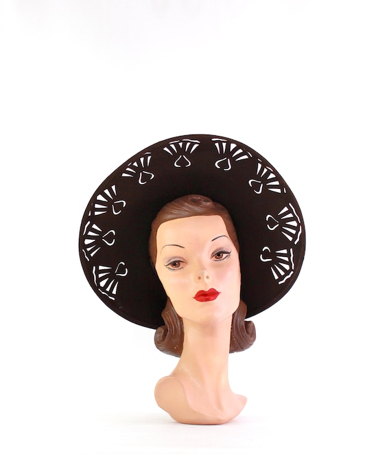 1940s Dark Brown Open Crown Cutaway Platter Hat -