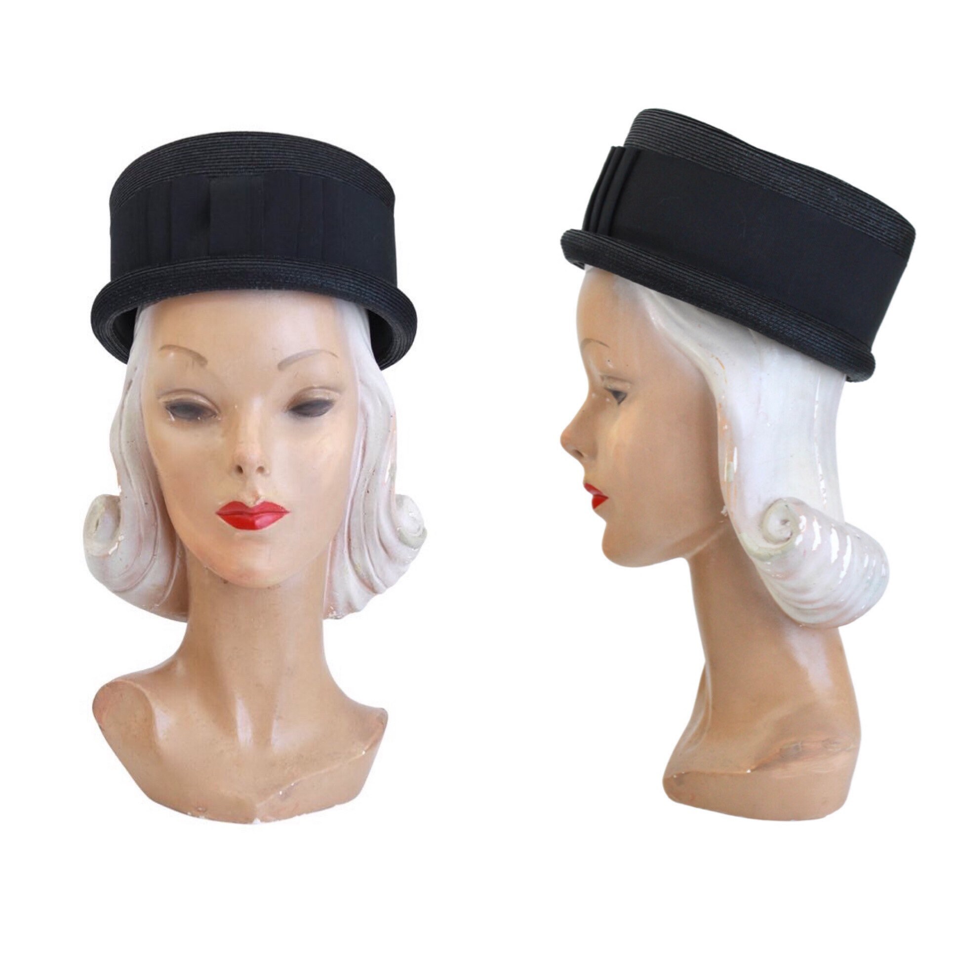 1960's Black Straw Pillbox Hat
