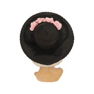 1950s Black Straw Cartwheel Hat with Pink Flowers  - 1950s Black Platter Hat - 1950s Black Straw Sun Hat - 50s New Look Hat - 50s Black Hat