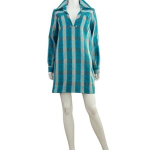 1970s Teal Wool Plaid Tunic Dress 1970s Plaid Dress 1970s Blue Plaid Dress Vintage Wool Plaid Dress 1970s Tunic Dress Size Small image 3