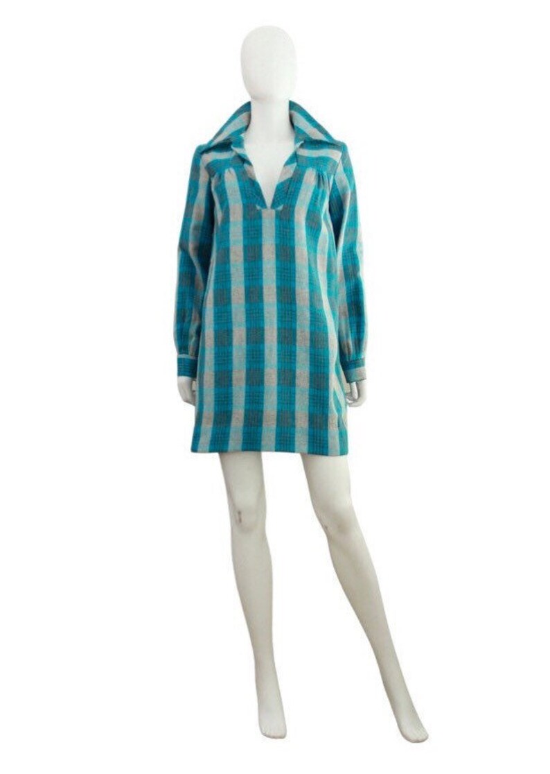 1970s Teal Wool Plaid Tunic Dress 1970s Plaid Dress 1970s Blue Plaid Dress Vintage Wool Plaid Dress 1970s Tunic Dress Size Small image 3