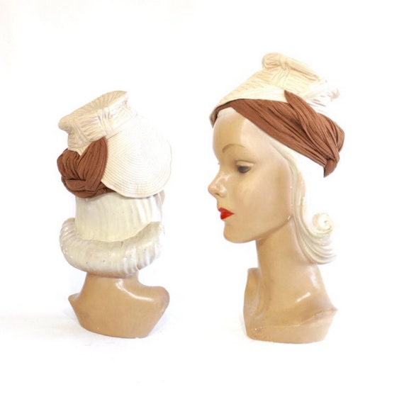 1930s Ivory Trapunto Turban with Camel Jersey Sash