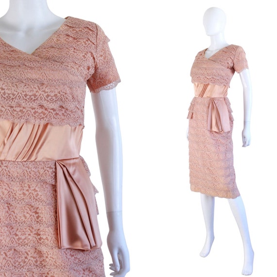 1950s Dusky Peach Satin & Lace Wiggle Cocktail Dr… - image 1