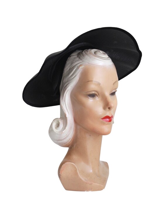 1950s Black Platter Hat - 1950s Black Cartwheel H… - image 3