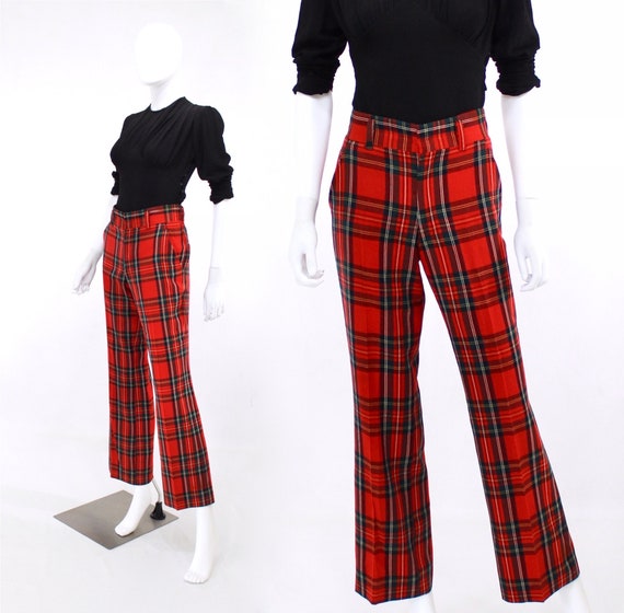 1970s Holiday Plaid Trousers - 1970s Plaid Pants -