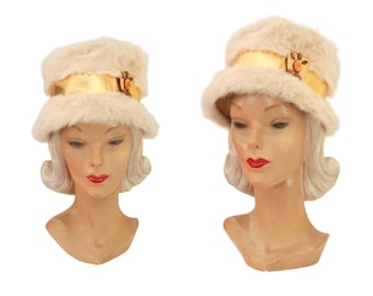 1960s Beige Angora Hat with Gold Lame Ribbon - 1960s Beige Bucket Hat - 1960s Rabbit Fur Hat - 1960s Holiday Hat - Vintage Beige Hat