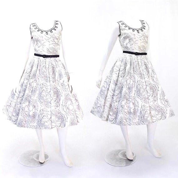 1950s Tree Print Dress - 1950s Fit & Flare - Fit a