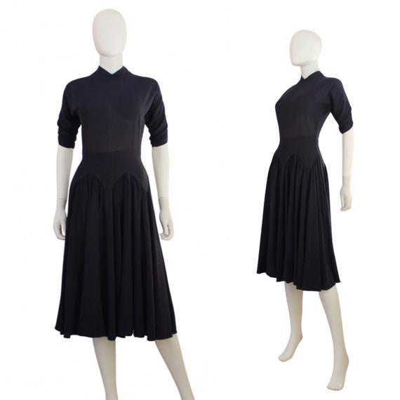 Early 1950s Navy Blue Rayon Swing Dress - 1950s N… - image 1