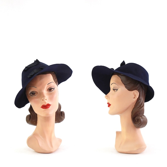 1940s Navy Blue Bonnet Fedora - 1940s Navy Blue Fe