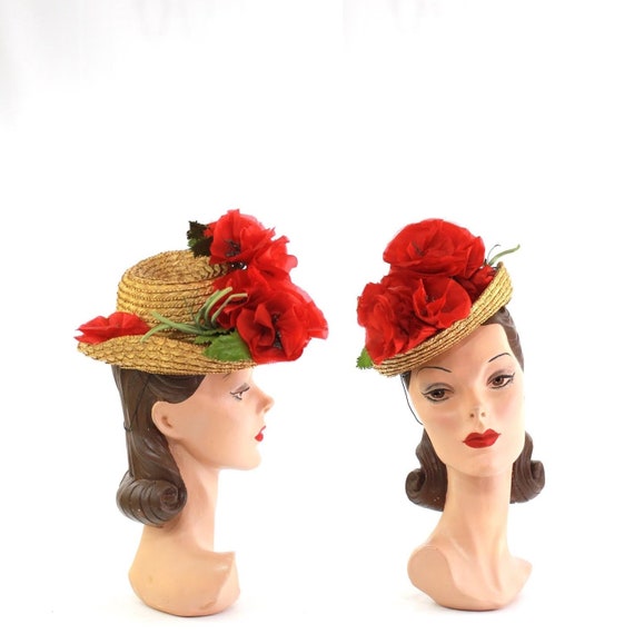 1940s Poppy Tilt Hat - 1940s Red Poppy Hat - Vinta