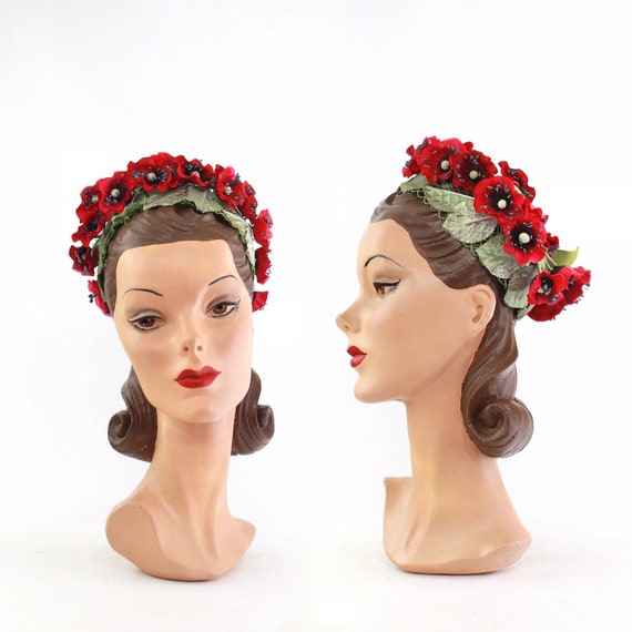 1950s Poppy Pillbox - 1950s Garden Hat - 1950s Pop