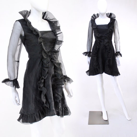 1960s Black Organza Ruffle Mini Dress - 1960s Blac