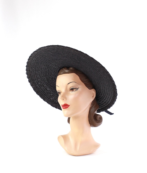 1940s Open Crown Platter Hat - 1940s Navy Blue Pla