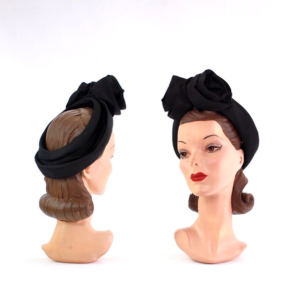 1940s Black Taffeta Open Crown Turban - 1940s Open