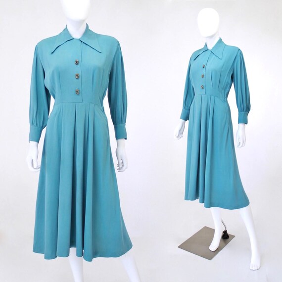 RESERVED | 1940s Teal Dress - 1940s Gabardine Dres