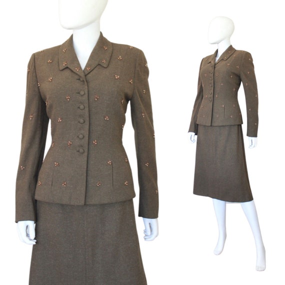 1950s Beaded Suit - 1950s Brown Suit - 1950s Brown Wool Suit - 1950s Womens Suit - Womens Brown Suit - 50s Suit - Beaded Suit | Size Medium