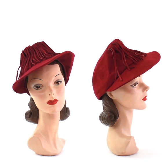 1930s Magenta Suede Hat - 1930s Fringe Hat - 1930s
