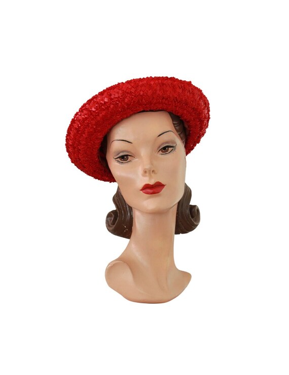 1960s Vivid Red Raffia Breton Hat - 1960s Bright Red Hat - Vintage Womens Red hat - 60s Red Hat - 1960s Womens Red Hat - Vintage Breton Hat