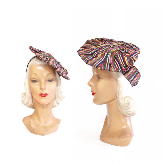 1940s Rainbow Pancake Tilt Hat - 1940s Tilt Hat -