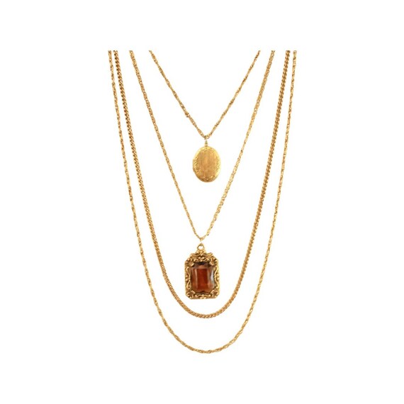 1960s Goldette Layered Locket & Pendant Necklace - 1960s Gold Layered Necklace - Vintage Topaz Pendant Necklace - Vintage Gold Locket