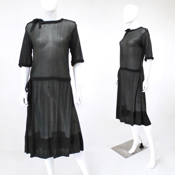 1920s Black Semi Sheer Dress - 1920s Black Georget
