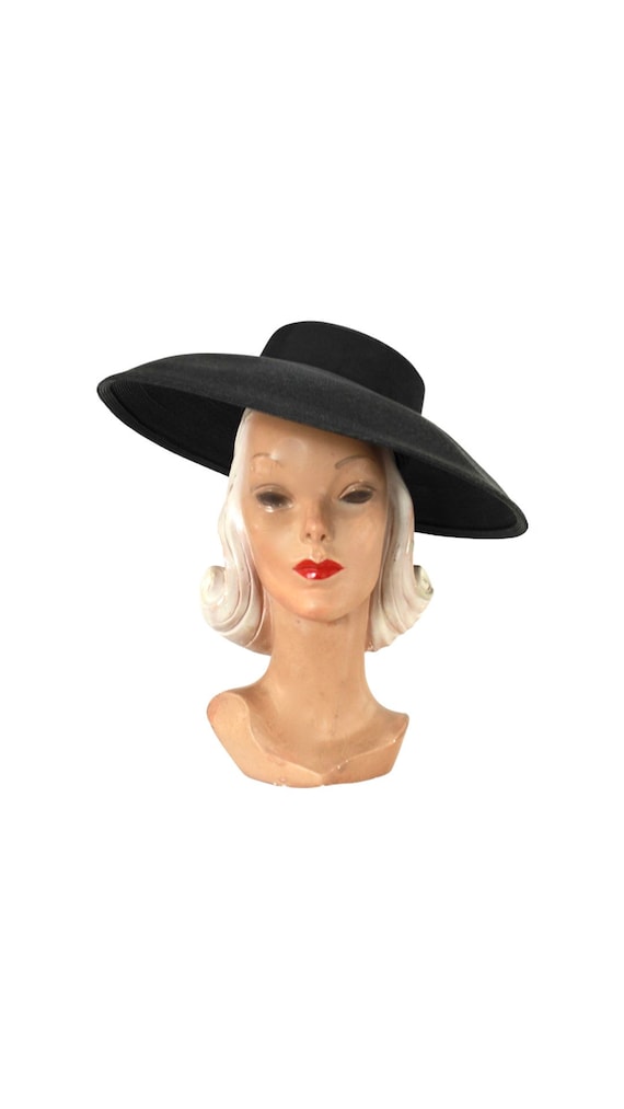 1950's Wide Brim Black Straw Cartwheel Hat - 1950s Wide Brim Platter Hat - 1950s Black Straw Sun Hat - 1950s New Look Hat - 50s Black Hat