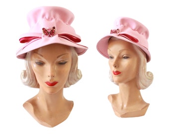 1950s Pink Bonnet Hat - 1960s Pink Hat - Vintage Pink Hat - 1950s Pink Felt Hat - Vintage Pink Felt Hat - 50s Womens Pink Hat - 60s Pink Hat