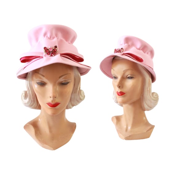 1950s Pink Bonnet Hat - 1960s Pink Hat - Vintage Pink Hat - 1950s Pink Felt Hat - Vintage Pink Felt Hat - 50s Womens Pink Hat - 60s Pink Hat