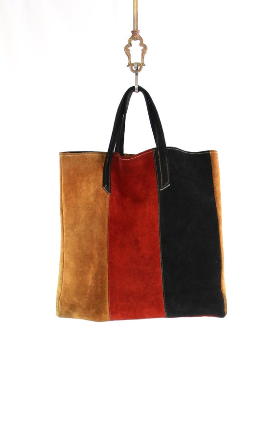 1970s Leather Suede Color Block Tote Purse - 1970s