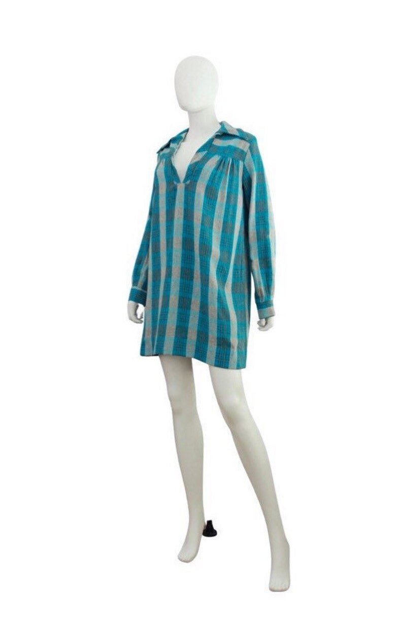 1970s Teal Wool Plaid Tunic Dress 1970s Plaid Dress 1970s Blue Plaid Dress Vintage Wool Plaid Dress 1970s Tunic Dress Size Small image 7