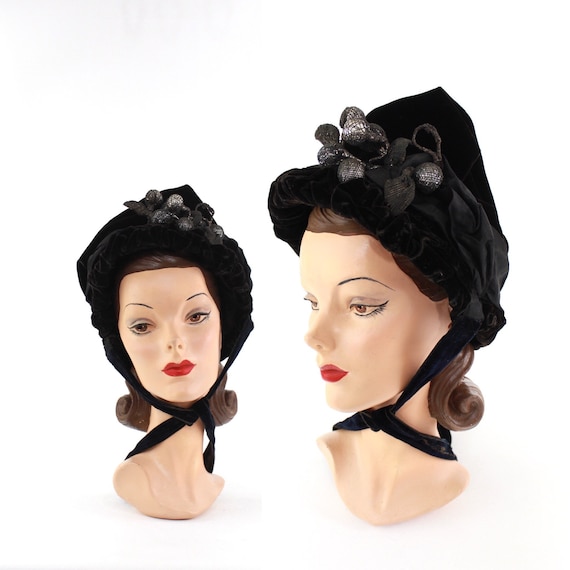 Victorian Bonnet with Silver Berries - 1800s Black