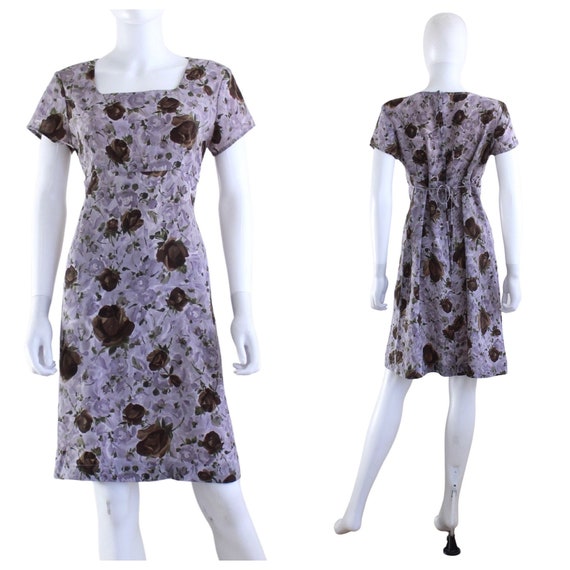 1990s Heather Purple Rose Print Dress - 1990s Purp