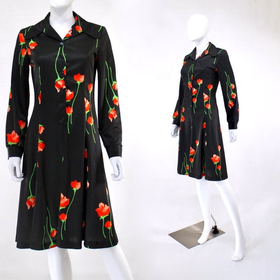 1970s Rose Print Dress - 1970s Red Rose Print Dres