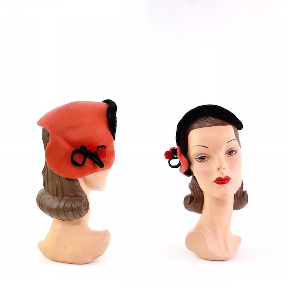 1940s Red & Black Curvette Cocktail Hat - 1940s Co