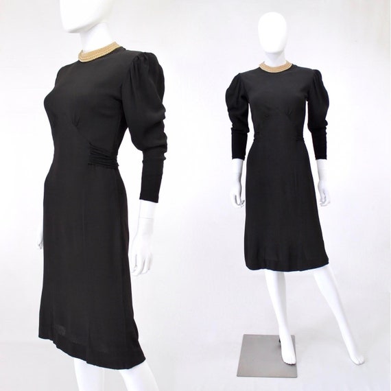 Late 1930s Black Crepe Dress with Pearl Collar - 1