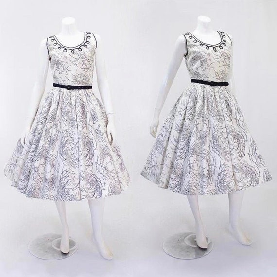 1950s Tree Print Dress - 1950s Fit & Flare - Fit a